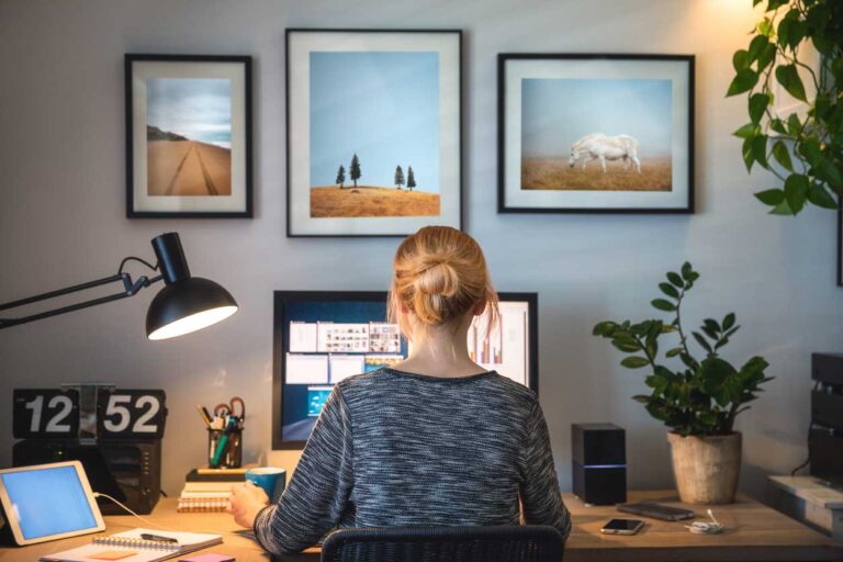 female attorney working at desk in home office